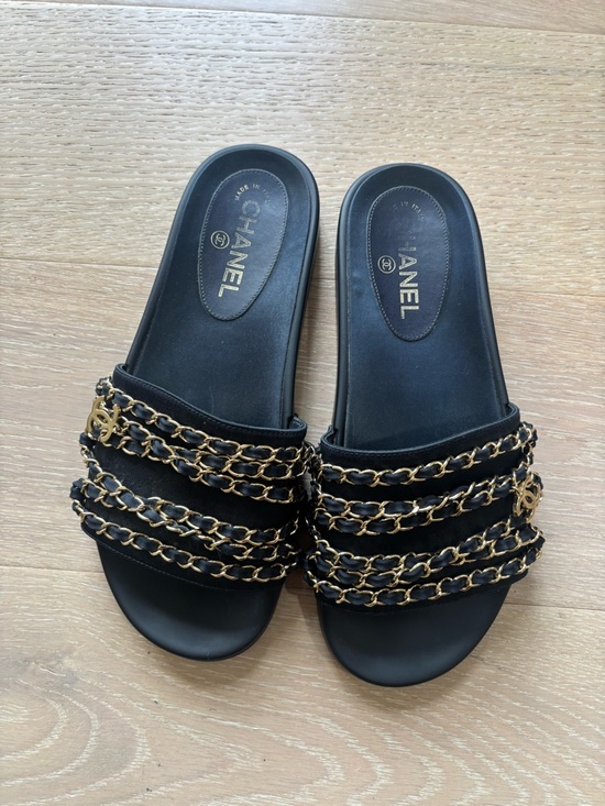 CHANEL Shoes - CHANEL Navy Sandal w/ Gold Chain Hardware